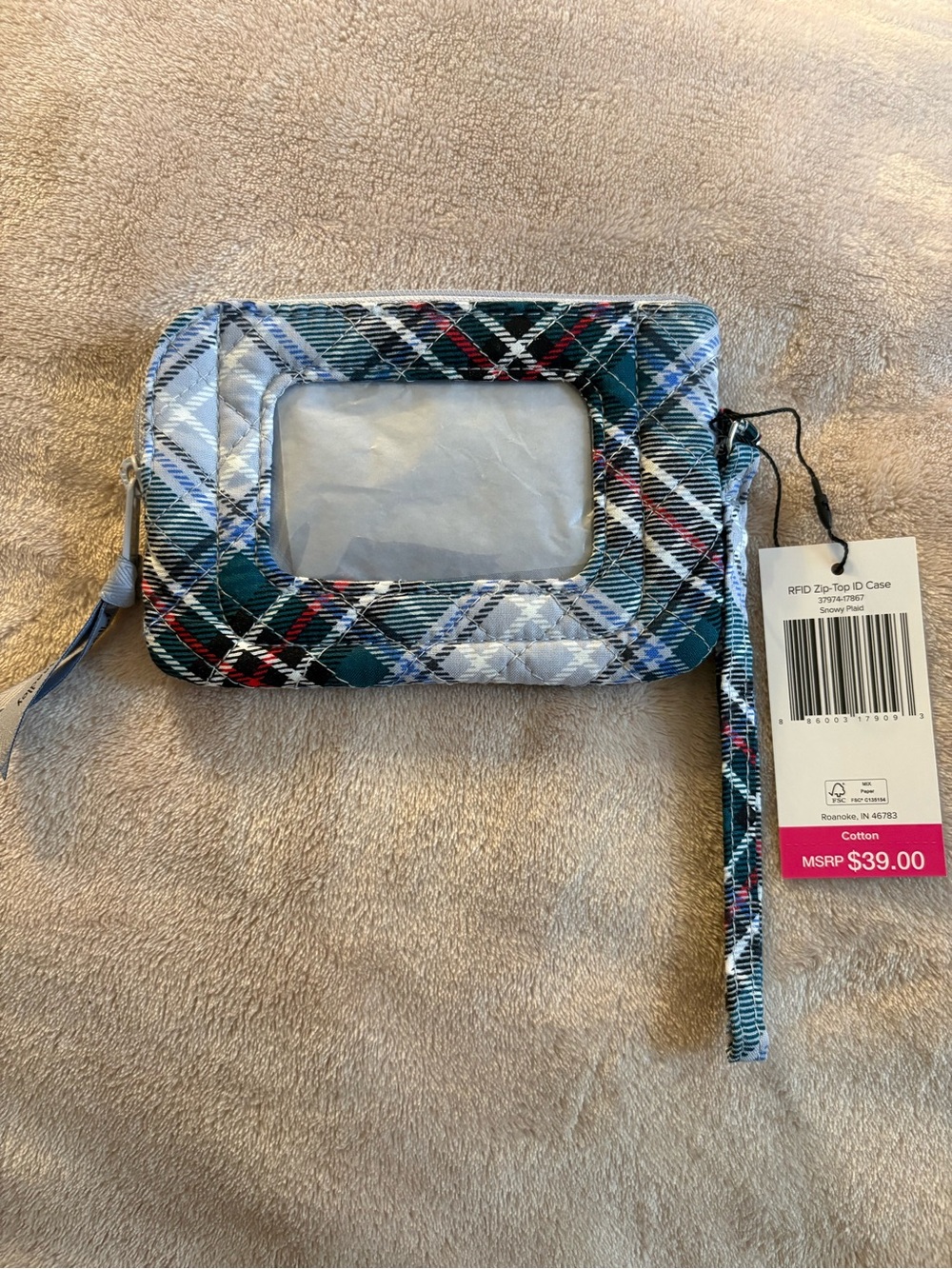 Vera Bradley RFID Zip-Top ID Case Snowy Plaid Wristlet 37974-17867 NWT